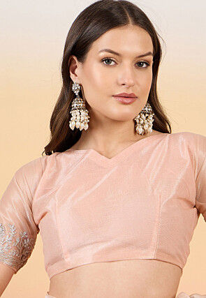 Embroidered Net Scalloped Saree in Peach