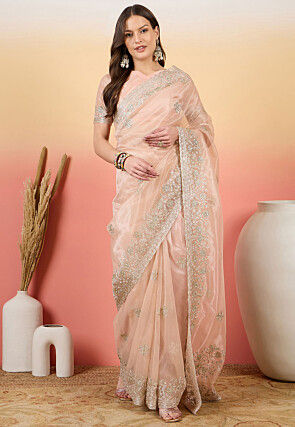Embroidered Net Scalloped Saree in Peach