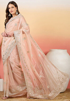Embroidered Net Scalloped Saree in Peach