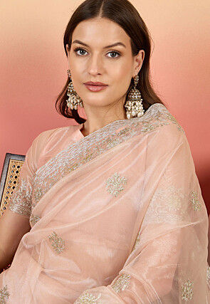 Embroidered Net Scalloped Saree in Peach