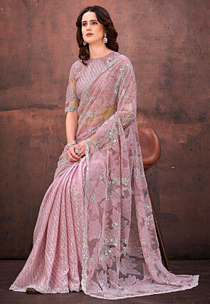 Embroidered Net Scalloped Saree in Pink