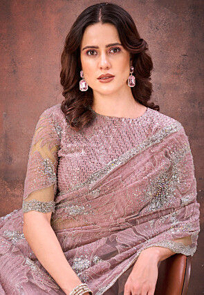 Embroidered Net Scalloped Saree in Pink