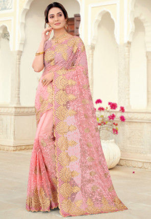 Embroidered Net Scalloped Saree in Pink