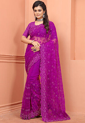 Embroidered Net Scalloped Saree in Pink
