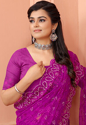 Embroidered Net Scalloped Saree in Pink