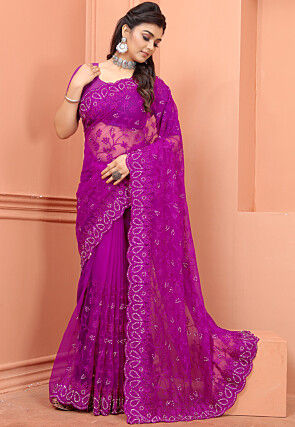 Embroidered Net Scalloped Saree in Pink