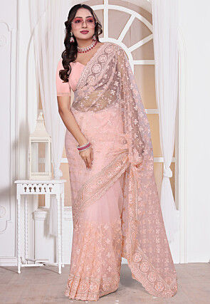 Embroidered Net Scalloped Saree in Pink