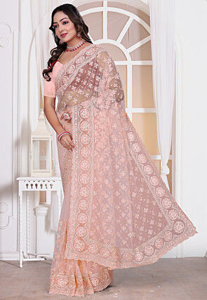 Embroidered Net Scalloped Saree in Pink