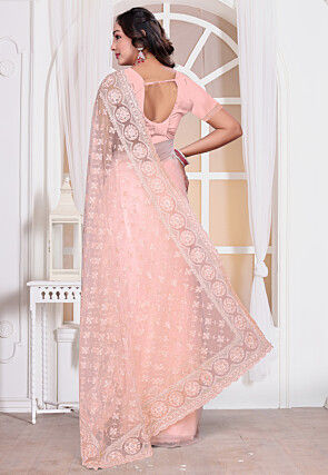 Embroidered Net Scalloped Saree in Pink
