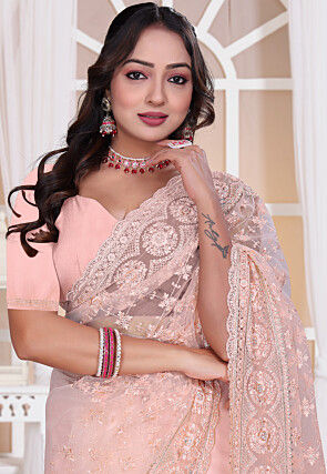 Embroidered Net Scalloped Saree in Pink