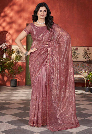 Embroidered Net Scalloped Saree in Pink