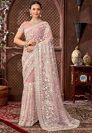 Embroidered Net Scalloped Saree in Pink