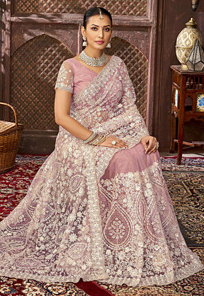 Embroidered Net Scalloped Saree in Pink