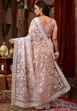 Embroidered Net Scalloped Saree in Pink