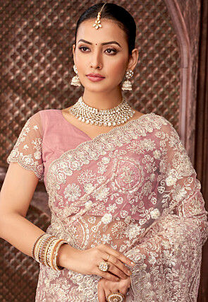 Embroidered Net Scalloped Saree in Pink