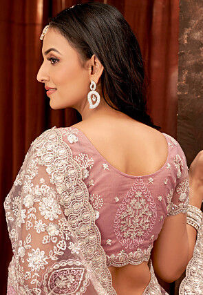 Embroidered Net Scalloped Saree in Pink