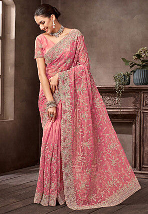 Embroidered Net Scalloped Saree in Pink