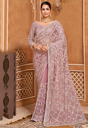 Embroidered Net Scalloped Saree in Pink
