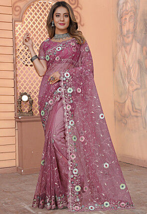Embroidered Net Scalloped Saree in Pink