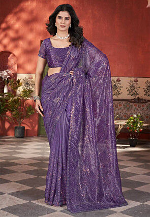 Embroidered Net Scalloped Saree in Purple