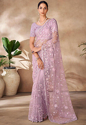 Embroidered Net Scalloped Saree in Purple
