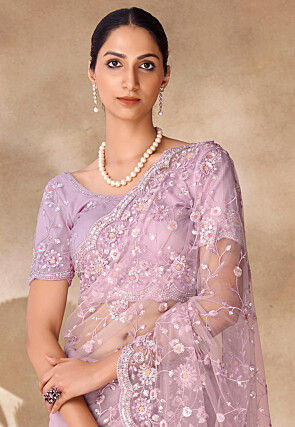Embroidered Net Scalloped Saree in Purple