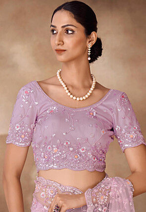 Embroidered Net Scalloped Saree in Purple