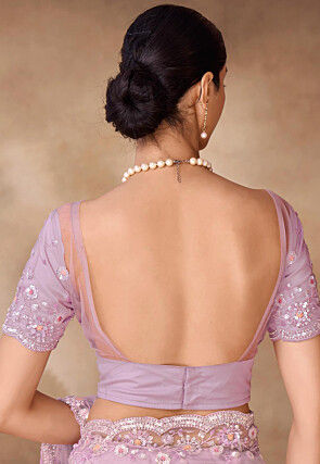 Embroidered Net Scalloped Saree in Purple