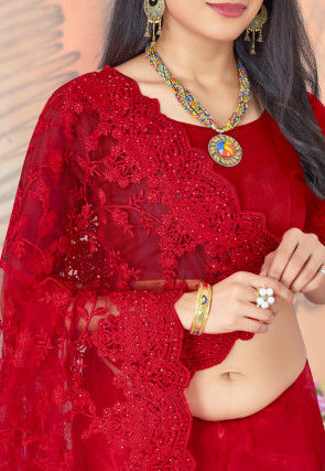 Embroidered Net Scalloped Saree in Red