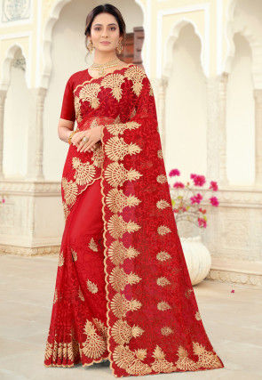 Embroidered Net Scalloped Saree in Red