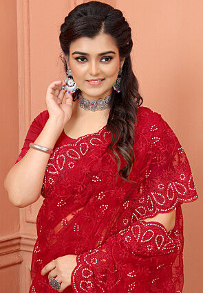 Embroidered Net Scalloped Saree in Red