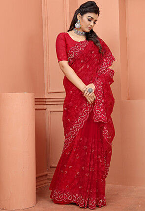 Embroidered Net Scalloped Saree in Red