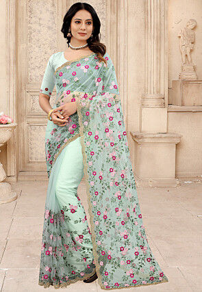 Embroidered Net Scalloped Saree in Sea Green