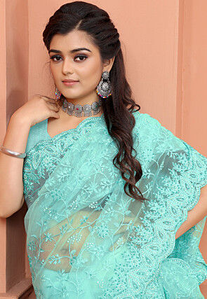 Embroidered Net Scalloped Saree in Sea Green