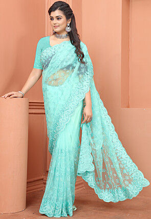 Embroidered Net Scalloped Saree in Sea Green
