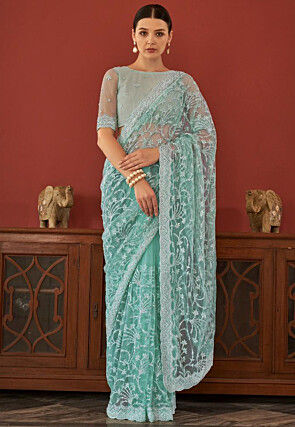 Embroidered Net Scalloped Saree in Sea Green