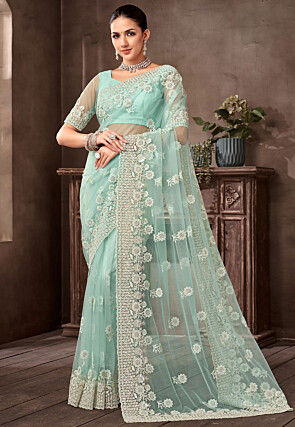 Embroidered Net Scalloped Saree in Sea Green