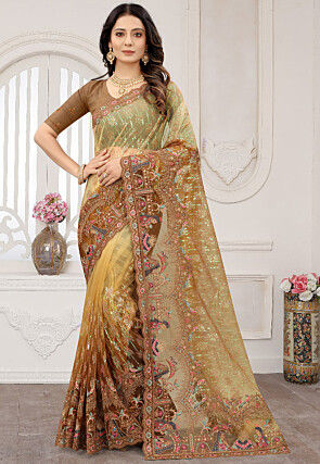 Embroidered Net Scalloped Saree in Shaded Beige