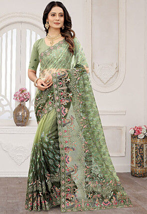 Embroidered Net Scalloped Saree in Shaded Green