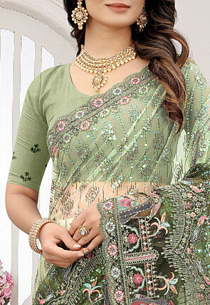 Embroidered Net Scalloped Saree in Shaded Green