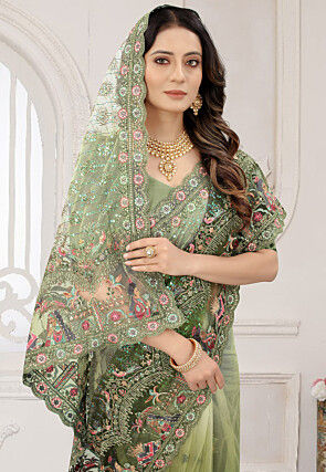 Embroidered Net Scalloped Saree in Shaded Green