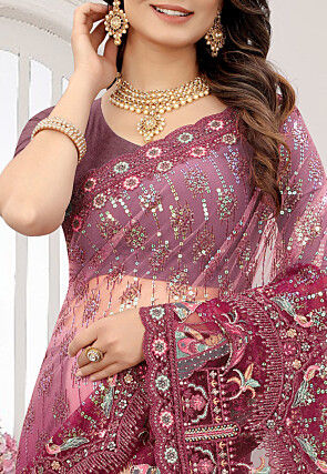 Embroidered Net Scalloped Saree in Shaded Magenta