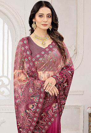 Embroidered Net Scalloped Saree in Shaded Magenta