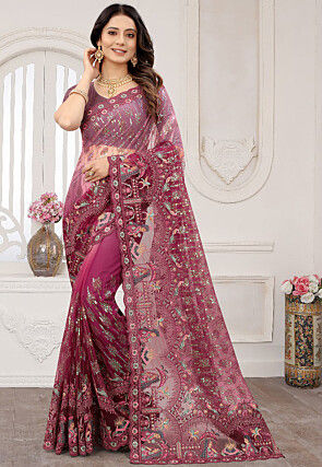 Embroidered Net Scalloped Saree in Shaded Magenta