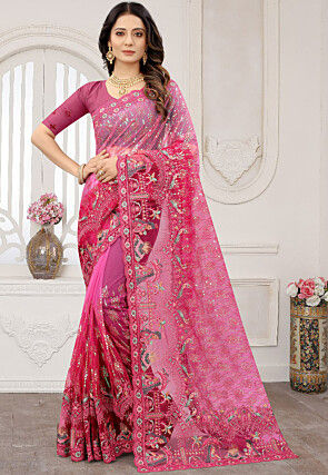 Embroidered Net Scalloped Saree in Shaded Pink