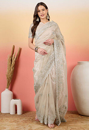 Embroidered Net Scalloped Saree in Silver