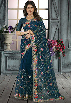 Embroidered Net Scalloped Saree in Teal Blue