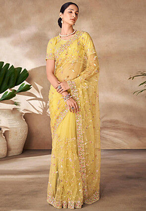 Embroidered Net Scalloped Saree in Yellow