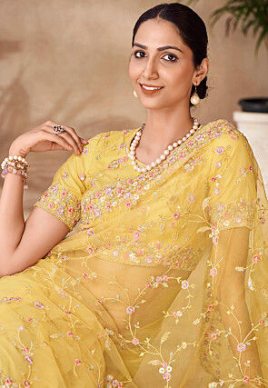 Embroidered Net Scalloped Saree in Yellow