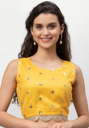 Embroidered Net Scalloped Waistline Crop Top in Yellow